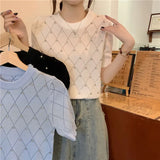 Huibaolu 2024 New Unique Puff Sleeve Design Sense Niche Diamonds Plaid Tank Top Space Pattern Short Sleeve Women's Knitted Top