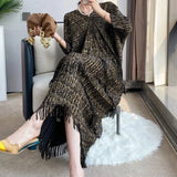 Huibaolu end pleated dress new V-neck tassel bat sleeve gilded oversized wrap buttocks long dress women dress