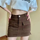 Huibaolu Khaki Denim Cargo Mini Skirt Women 2024 Summer High Waist Bag Hip Skirts Female Sexy Skinny Pocket Anti-Glare Short Skirts