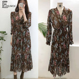 Huibaolu Temperament Dress Women Korean Style Casual Date Wear New Year Cute Slim Waist Floral Printed Chiffon Vintage Dresses Long