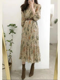 Huibaolu Temperament Dress Women Korean Style Casual Date Wear New Year Cute Slim Waist Floral Printed Chiffon Vintage Dresses Long