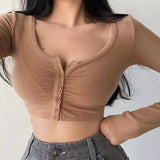 Huibaolu White Long Sleeve Crop Top Women Y2K Sexy Skinny Night Club Short T-Shirt Female 2024 Summer Thin Button Knitted Blouse