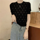 Huibaolu 2024 New Unique Puff Sleeve Design Sense Niche Diamonds Plaid Tank Top Space Pattern Short Sleeve Women's Knitted Top