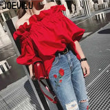 Huibaolu Shoulder Shirt Ruffled Elastic Sexy Blouse Female Summer Short Sleeve Top Korean Student Women's Blouses Retro Red Crop Tops