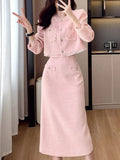 Huibaolu Elegant Women Pink 2 Pieces Set 2024 Autumn Tassel Long Sleeve Coat A-line Chic Midi Skirt Spring Y2k Lady Dress Suits