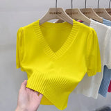 Huibaolu Collarbone V-neck Short Sleeve Knit Sweater Women's Niche Design Sense Top Short Spring 2024 New Base Shirt Women