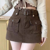 Huibaolu American Retro Cargo Skirt Woman High Street Big Pocket Y2K Mini Skirts Korean High Waist Anti-Glare Short Skirt for Women