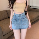 Huibaolu Denim Short Skirt for Women Korean Style High Waist Pockets Cargo Mini Skirt Female Sexy Skinny Anti-Glare Bodycon Skirts