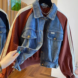 Huibaolu New Denim Spliced Coat For Women's Spring Autumn Versatile Baseball Jacket Short Tops Trend Long Sleeve Casual Outerwear