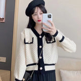 Huibaolu Harajuku Contrast Y2K Knit Cardigan Women Korean Chic V-Neck Short Sweater Coat Ladies Casual Wild Long Sleeve Cardigans