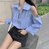 Huibaolu Off Shoulder Shirt Women's Loose Fitting Mid Length Niche Design Tops Summer French Style Thin Top Korean Casual Blouses