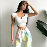 Huibaolu High Street Y2K Cropped T-Shirt Women Sexy Skinny V-Neck Basic Crop Tops Female Summer Slim Fit White Short Sleeve Tees