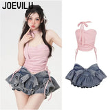 Huibaolu Cake Skirt Set Babes Strap Drawstring Bra Top Bow Elastic Waist Slimming Mini Skirts 2 Piece Sets Women's Outfits Y2k Suit