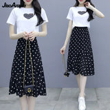 Huibaolu Summer New Short-sleeved T-shirt Chiffon Polka Dot Skirt Two-piece Set Women's All-match White Top Black Midi Skirts Suit