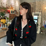 Huibaolu 2024 Winter New Knitted Cardigans Women Korean Button Up V Neck Cherry Sweaters Woman Sweet Patchwork Short Cardigan Tops