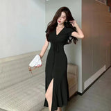 Huibaolu Korean Fashion Women Long Dress Summer Elegant Drawstring V-Neck Maxi Dress Female Slim Fit Split Evening Party Vestidos