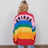 Huibaolu Spring Harajuku Knit Cardigan Women Striped Rainbow Sweater Coat Female Loose Sweaters Letter Embroidery Jumper Cardigans