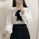 Huibaolu Tie Tops 2024 Summer Cute Sweet Preppy Style Girls White Ruffled Shirt Elegant Korean Chic Women Tops Flhjlwoc Blouse