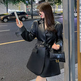 Huibaolu Leather Woman Jacket Vintage Black Basic Blazer 2024 Spring Autumn Casual Female Long Sleeve Outwear Ladies Pu Leather Coat