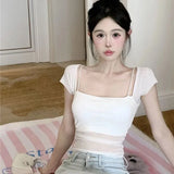 Huibaolu Mesh Patchwork White T Shirt Women Sexy Slim Square Collar Sling Crop Top Woman Elegant Off Shoulder Short Sleeve Tees