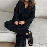 Huibaolu Women's Pants Suit 2024 Spring Summer Solid Loose Long Sleeve Top Elastic Drawstring Wide Leg Trousers Chic Lady Home Pant Sets