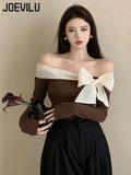 Huibaolu Off Shoulder Bow T-Shirt Women Sexy Exposed Clavicle Crop Top Spring and Autumn Korean Elegant Long Sleeve Bottom Shirts