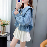 Huibaolu Style Sweet Ruffles Women's Short Denim Jacket Ladies Peter Pan Collar Retro Jean Coat For Women Long Sleeve Outwear Tops