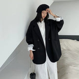 Huibaolu Vintage Loose Blazers Women Elegant Simple Solid Double-Breasted Casual Outwear Female Korean Fashion Business Suit Coat