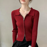 Huibaolu Red Sweatshirt Jacket Women's Early Fall Chic Double Head Zipper Polo Neck Knitted Cardigan Sweater Layering