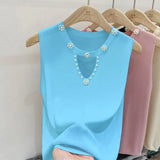 Huibaolu Knitted Suspender Vest Women Wear Summer 2024 New Beaded Design Sleeveless Slim Women Top