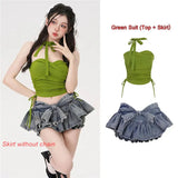 Huibaolu Cake Skirt Set Babes Strap Drawstring Bra Top Bow Elastic Waist Slimming Mini Skirts 2 Piece Sets Women's Outfits Y2k Suit