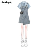 Huibaolu Women's Summer Dress Matching Set 2024 New Fashion Short Top+Denim Strap Skirt Two Piece Korean Elegant Short-Sleeve Blouse Suit