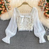 Huibaolu Floral Lace Crop Tops for Women Chic Shirt High Waist Skinny Exposed Navel T-shirt Korean Fashion Y2k Aesthetics Blouse