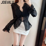 Huibaolu Perspective Cardigan V-neck Long Sleeve Chiffon Shirt Women's Thin Loose Lace-up Tops Summer Casual Chic Sunscreen Coat