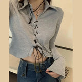 Huibaolu Bandage T-shirt Polo Neck Irregular CropTop Babes Korean Slim Long Sleeve Tee Vintage Gothic Y2k Clothes Skinny Shirt