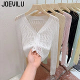 Huibaolu Ice Silk Knitted Cardigan Hollow Out Thin Crop Top Summer Sun Protection Shawl Women's Casual Shirt with Suspender Skirt