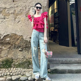 Huibaolu Mujer De Moda Elegant Women's Pink Ruffles Sleeveless Square Neck Shirt Summer Sexy Blouses Korean Elegant Runway Tops