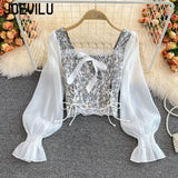 Huibaolu Floral Lace Crop Tops for Women Chic Shirt High Waist Skinny Exposed Navel T-shirt Korean Fashion Y2k Aesthetics Blouse