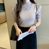 Huibaolu High Neck Bubble Sleeve Bottom Top for Women Spring and Autumn New Slim Fit Sweater Vest Half Short Sleeve Knit Tops