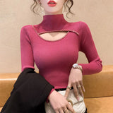 Huibaolu Neck Beaded Diamond Sweater Undershirt Women's Autumn and Winter New Cutout Design Sense Niche Top