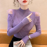 Huibaolu Sweater 2024 New Mesh Paneled Off-the-shoulder Knit Sweater with Undershirt Women's Autumn and Winter Top