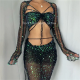 Huibaolu Sequins Knitted Hollow Out Long Sleeve Crop Top And Midi Bodycon Skirt Four Piece Set Summer Women Beach Outfits 0410