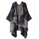 Huibaolu Retro White Print Poncho Cardigan Faux Cashmere Women Shawl Scarf Jackets Tie-dye Black Blanket Cape Pashmina Claok Coats