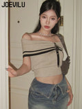 Huibaolu Off Shoulder Knit Tops Women's Sexy Collarbone Short Sleeved Shirts Summer Korean Skinny Crop Tee Y2k Aesthetic Clothes