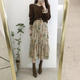 Huibaolu Temperament Dress Women Korean Style Casual Date Wear New Year Cute Slim Waist Floral Printed Chiffon Vintage Dresses Long