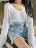 Huibaolu Knitted Sweater V-neck Off Shoulder Pullover Jumper Casual Sunscreen Cover Up Korean Fashion Streetwear Hollow Blouses