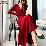 Huibaolu Spring Basic Wear Women New Year Red French Style Design Slim Fit A Line V Neck Knitted Sweater Dress Long Maxi Vestidos