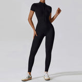 Huibaolu Body Sporty Bodycon Jumpsuit Woman Gym Sportswear Zipper Short Sleeve Dance Fitness Overalls One Pieces Yoga Outfits Black