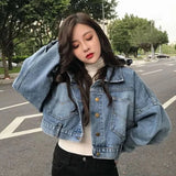 Huibaolu Cropped Denim Jacket Women Korean Fashion Back Split Buttons Up Bomber Jacket Female Lapel Long Sleeve Jeans Coats 2024