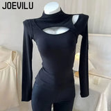 Huibaolu Turtleneck Thin Velvet Blouse Women's Sexy Hollow Out Long Sleeve T-shirt Autumn Bottoming Shirts Korean Lining Y2k Tops